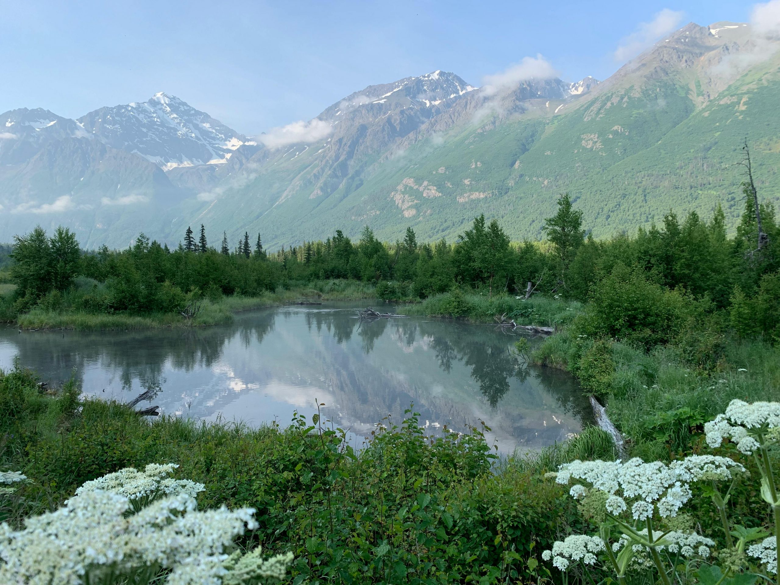 snow-capped mountains rising above a lake