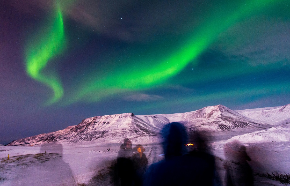 silhouette of tourists watching the northern lights